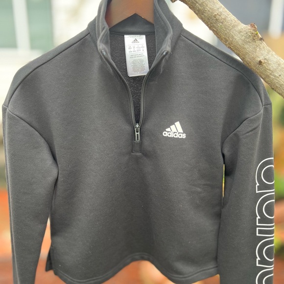 Adidas Women's Linear Fleece 1/4 Zip Pullover Crop Sweatshirt Black  Size XS - Picture 5 of 5